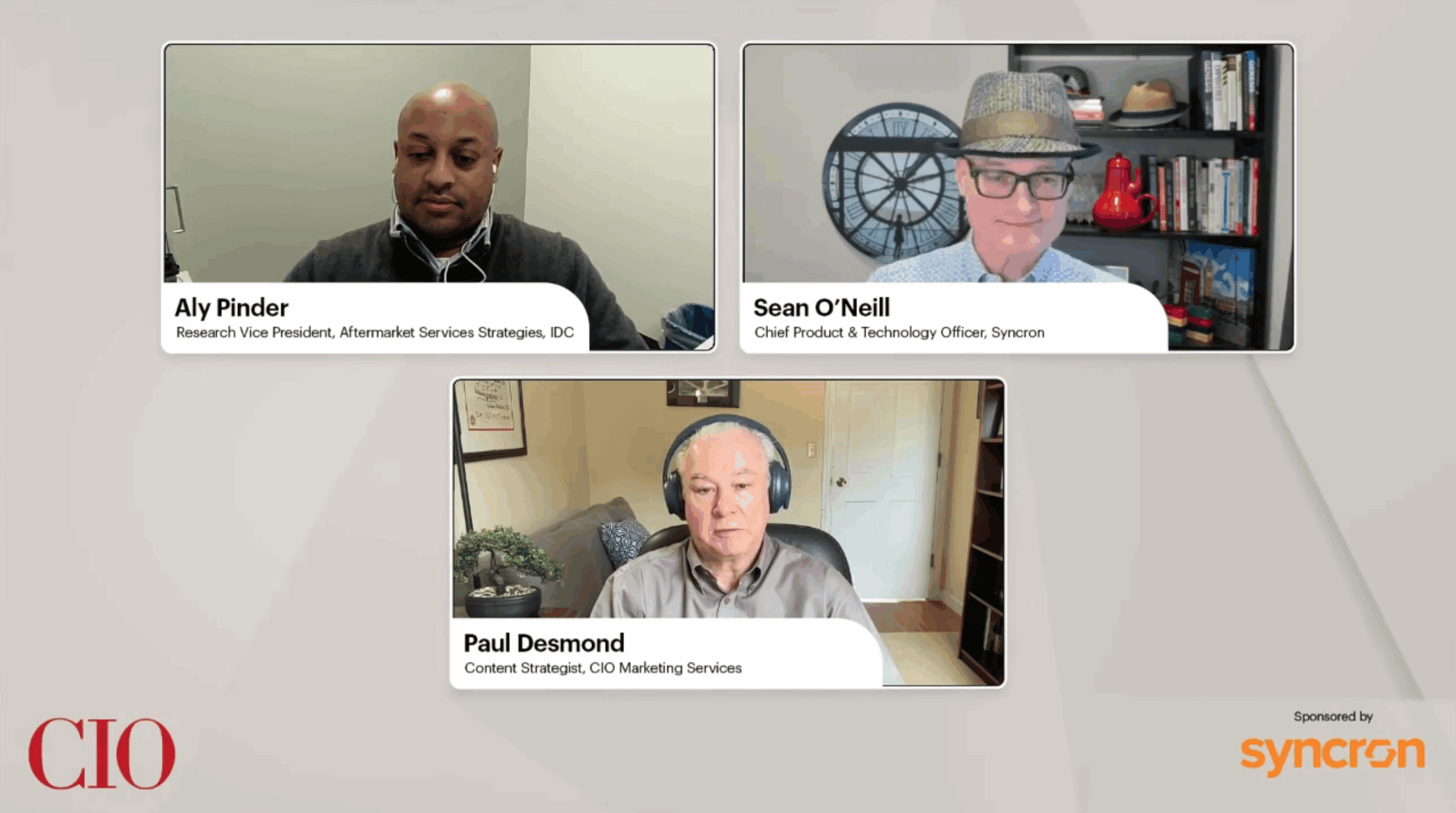 Webinar screenshot featuring Aly Pinder (IDC), Sean O'Neill (Syncron), and Paul Desmond (CIO Marketing Services), with Syncron and CIO logos.